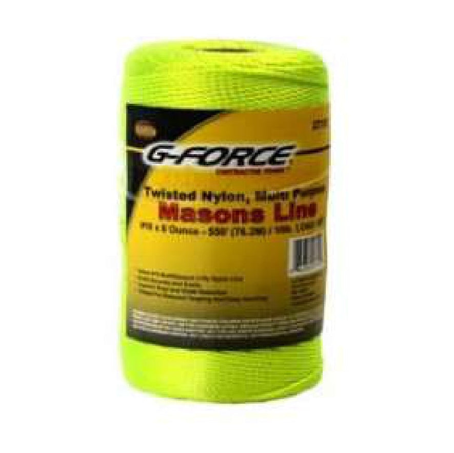 The G-FORCE 27155 Twisted Nylon Mason Line in neon yellow (#18, 550 ft., 1/2 lb. tube) is perfect for construction layout lines. It features durable twisted nylon and comes in bold black-and-yellow packaging.